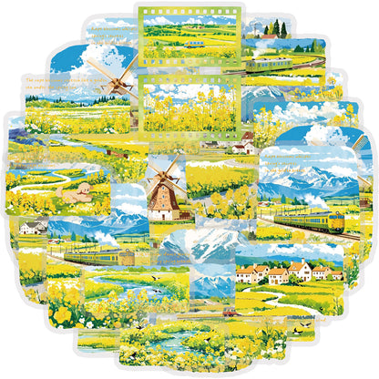 Etori Life 30PCs Spring Rape Flower Pastoral Stickers Landscape Notebook Collage Landscaping Material Suitable for DIY Production, Laptop, Skateboard, Luggage, Guitar, Photo Album, Handmade Scrapbooking Supplies, Room Decoration, Birthday and Holiday