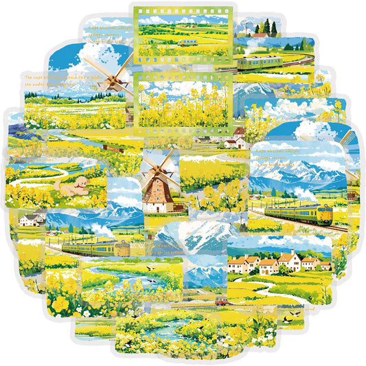 Etori Life 30PCs Spring Rape Flower Pastoral Stickers Landscape Notebook Collage Landscaping Material Suitable for DIY Production, Laptop, Skateboard, Luggage, Guitar, Photo Album, Handmade Scrapbooking Supplies, Room Decoration, Birthday and Holiday