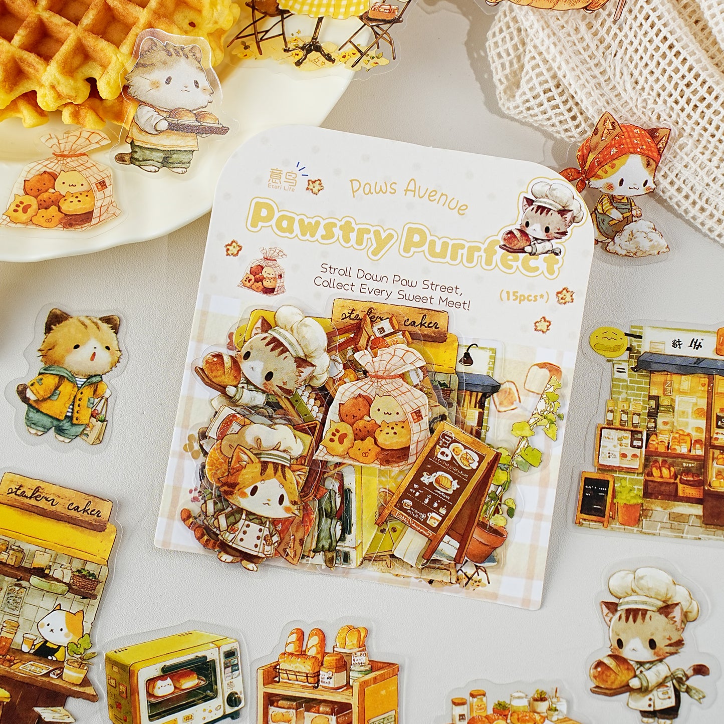 Etori Life 15PCs Warm Series Aesthetic Match Cute Baking Kitten Pattern Small House Stickers for Laptop, Luggage, Photo Album, Guitar, Bicycle, Office Decoration Accessories, Handmade Scrapbooking Supplies, DIY Making, Envelope and Paper Gift Bag