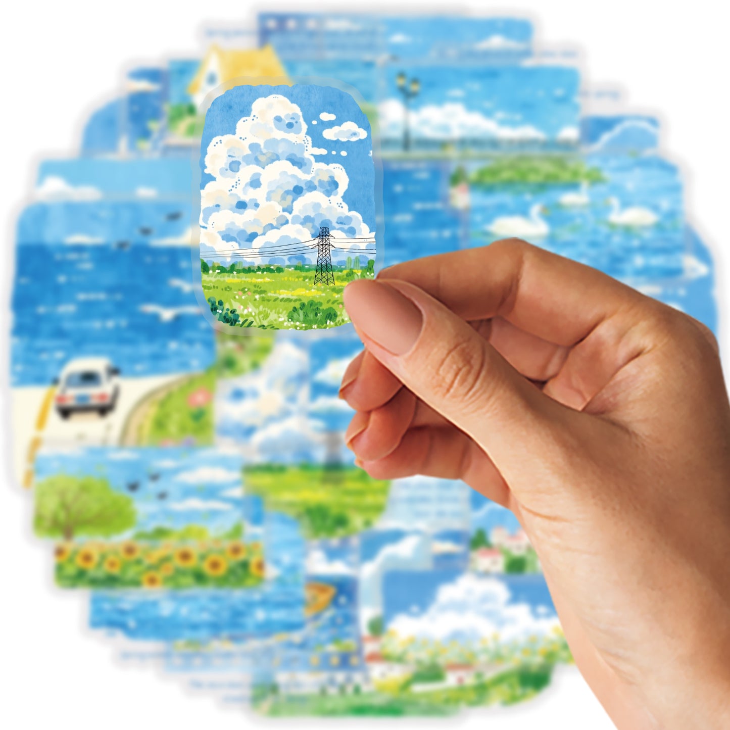Etori Life Healing Department Spring Scenery Hand Ledger Sticker 30PCs Fresh Blue Sky Flower Sea Decorative Sticker Notebook Collage Landscaping Material Suitable for Laptop, Luggage, Skateboard, Water Bottle, Guitar, Photo Album, DIY Production