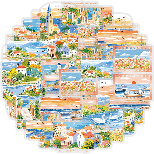 Etori Life Fresh Seaside Travel Stickers 30PCs Town Scenery Notebook Collage Landscaping Material Suitable for Luggage, Laptop, Guitar, Skateboard, Refrigerator, Room Decoration, Handmade Scrapbooking Supplies, DIY Production, Office Decoration