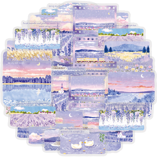 Etori Life 30PCs Purple Lavender Landscape Hand Ledger Sticker Dream Healing Series DIY Decorative Stickers Suitable for Laptop, Luggage, Water Bottle, Guitar, Photo Album, Handmade Scrapbooking Supplies, Room Decoration, Office Decoration Accessories
