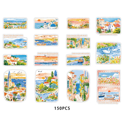 Etori Life Fresh Seaside Travel Stickers 30PCs Town Scenery Notebook Collage Landscaping Material Suitable for Luggage, Laptop, Guitar, Skateboard, Refrigerator, Room Decoration, Handmade Scrapbooking Supplies, DIY Production, Office Decoration