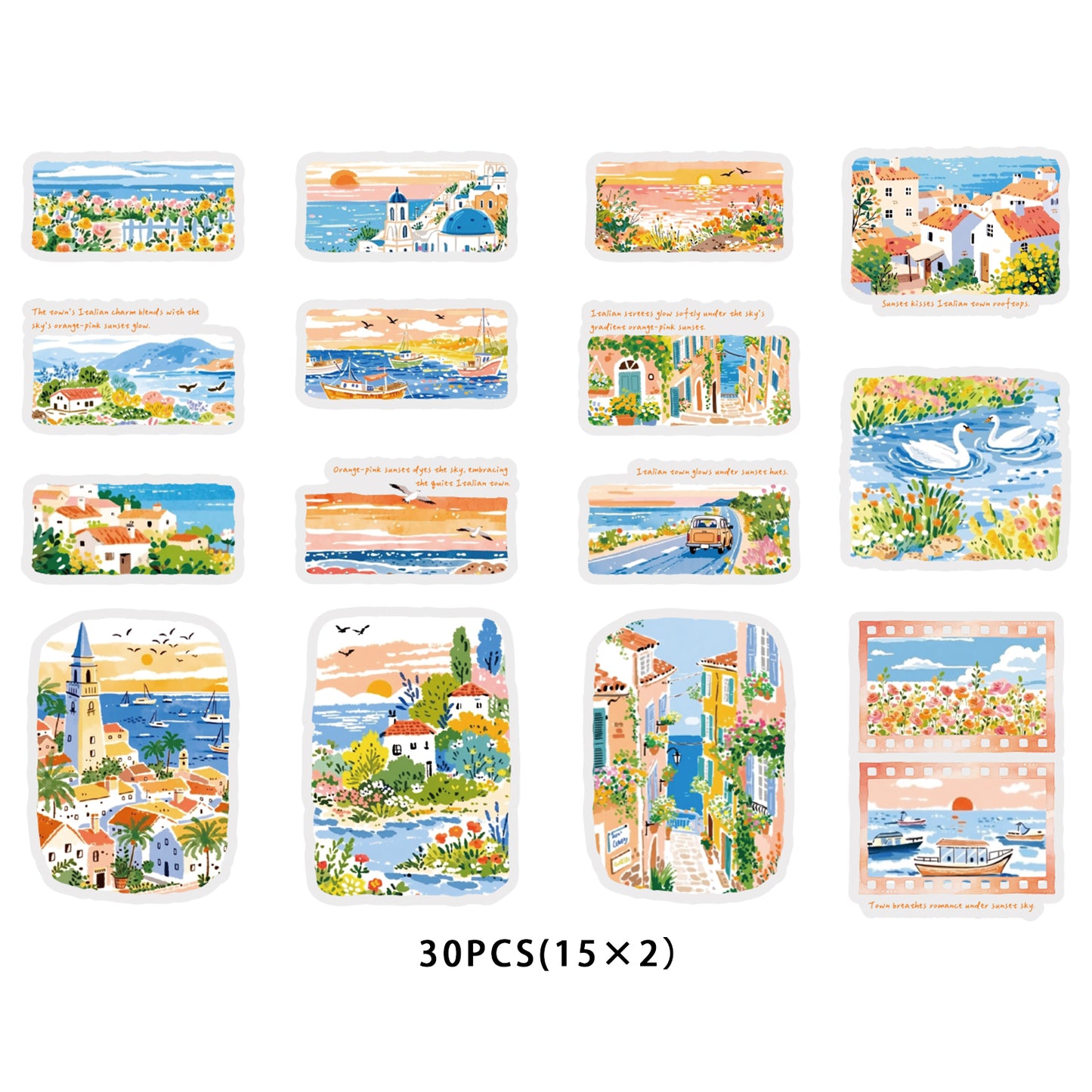 Etori Life Fresh Seaside Travel Stickers 30PCs Town Scenery Notebook Collage Landscaping Material Suitable for Luggage, Laptop, Guitar, Skateboard, Refrigerator, Room Decoration, Handmade Scrapbooking Supplies, DIY Production, Office Decoration