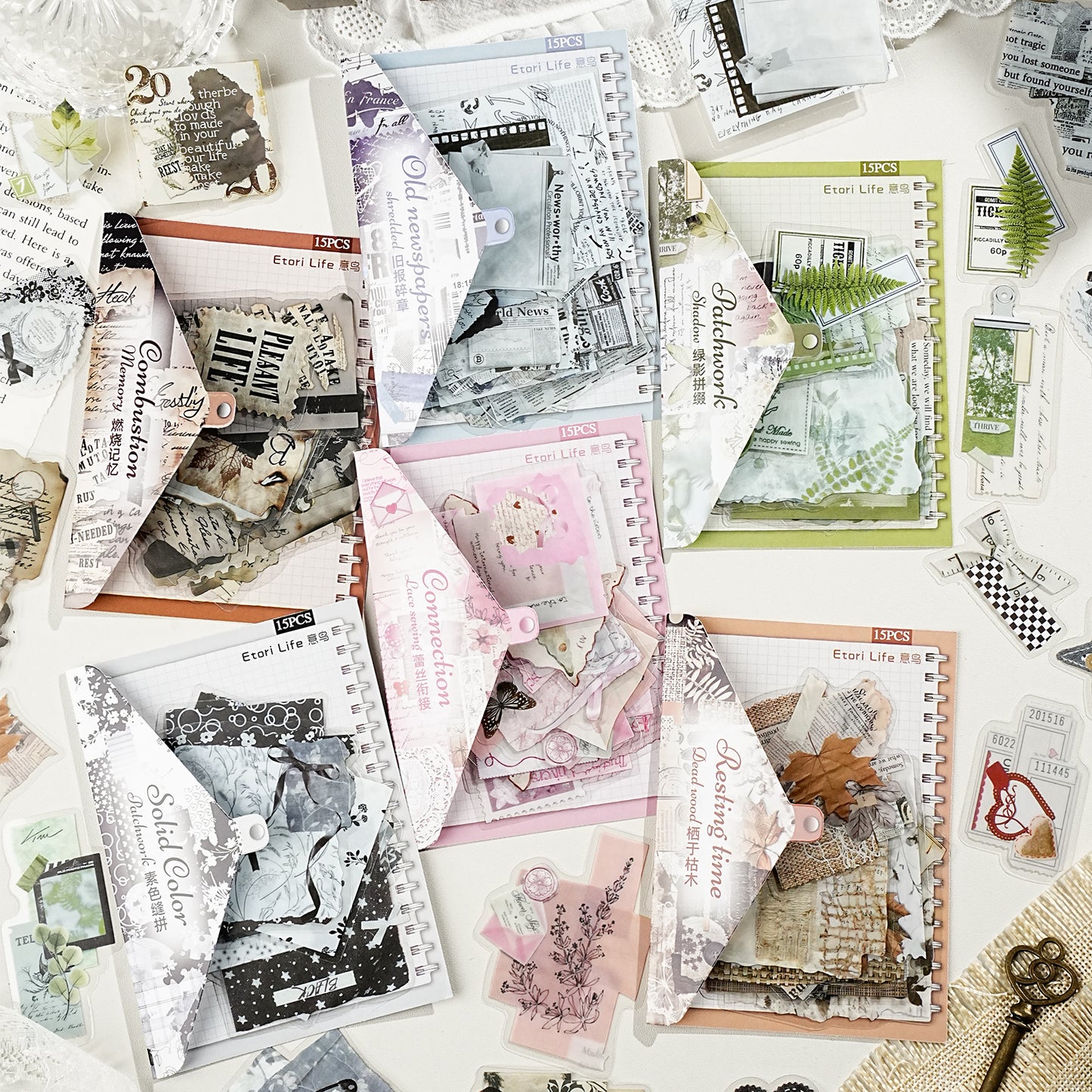 Etori Life Fragment Ensemble Series 15PCs Retro Literary Collage Pet Stickers Old Newspaper Lace Plant Dead Wood Gas Mark Fabric Journal Decoration Material Used for Laptop, Mobile Phone Stickers, Office Decoration Accessories, Handmade Scrapbooking