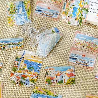 Etori Life Fresh Seaside Travel Stickers 30PCs Town Scenery Notebook Collage Landscaping Material Suitable for Luggage, Laptop, Guitar, Skateboard, Refrigerator, Room Decoration, Handmade Scrapbooking Supplies, DIY Production, Office Decoration