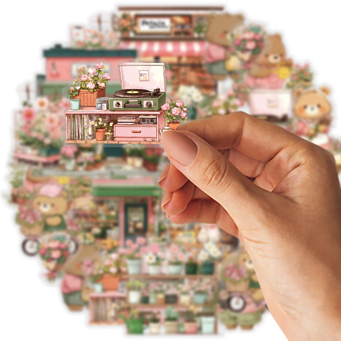 Etori Life 15PCs Cute Bear Matching Flower Small Shop City Building Pattern Pet Stickers Suitable for Laptop, Guitar, Diary, Helmet, Bicycle, Handmade Scrapbooking Supplies, Birthday and Holiday Gift, DIY Making, Office Decoration Accessories