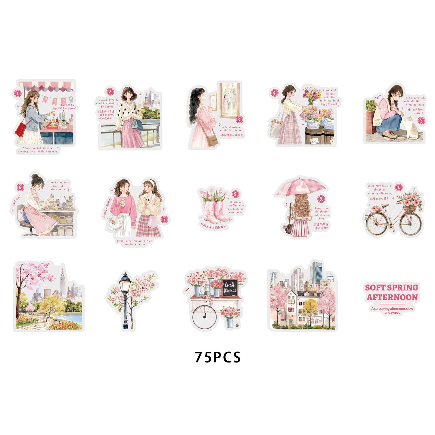Etori Life 15PCs Korean Spring Cherry Blossom Stickers City Landscape Notebook Collage Material Luggage Skateboard Decoration Literary Aesthetics Suitable for DIY Diary, Laptop, Photo Album, Guitar, Skateboard, Water Bottle, Room Decoration