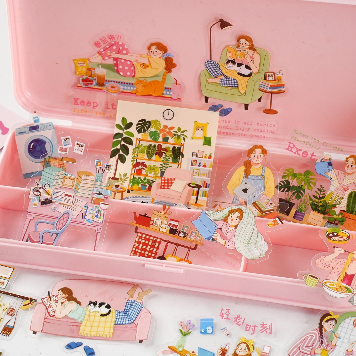 Etori Life 15PCs Living Alone Girls Home Daily Pet Paster Stay at Home Cooking Cat Petting Notebook Goo Card Collage Material Laptop, Handbag, Diary, Pencil Box, Pen Holder, Family Plan Book, Notepad, Postcard and Envelope, Helmet, Bicycle