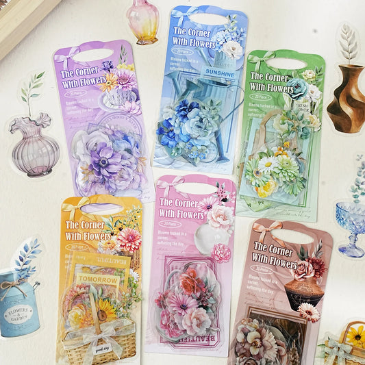 Etori Life Tibetan Flower One Corner Set Watercolor Flower Matching Vintage Classic Container Pattern Pet Sticker Pack Journal Material for Laptop, Mobile Phone Stickers, Luggage, Handmade Scrapbooking Supplies, DIY Crafts