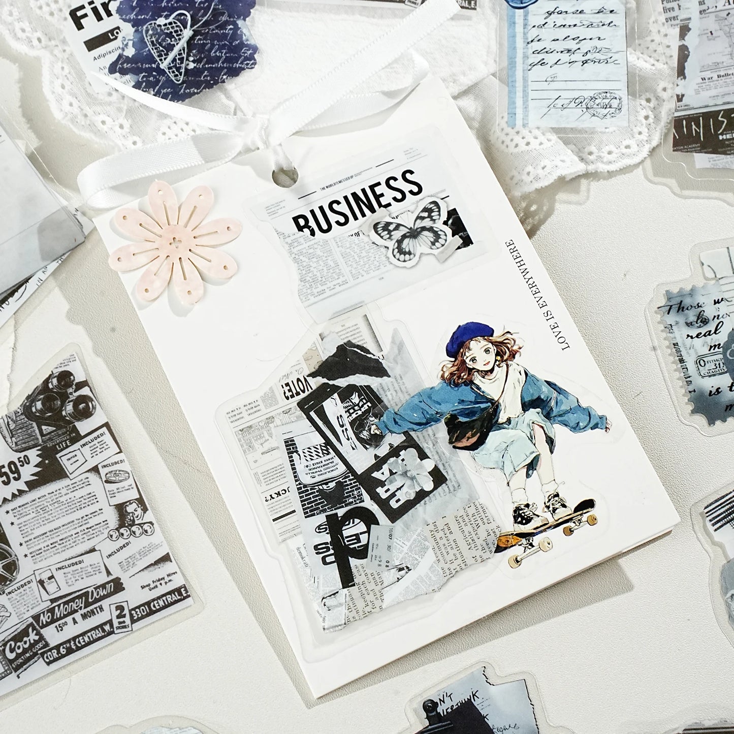 Etori Life Fragment Ensemble Series 15PCs Retro Literary Collage Pet Stickers Old Newspaper Lace Plant Dead Wood Gas Mark Fabric Journal Decoration Material Used for Laptop, Mobile Phone Stickers, Office Decoration Accessories, Handmade Scrapbooking