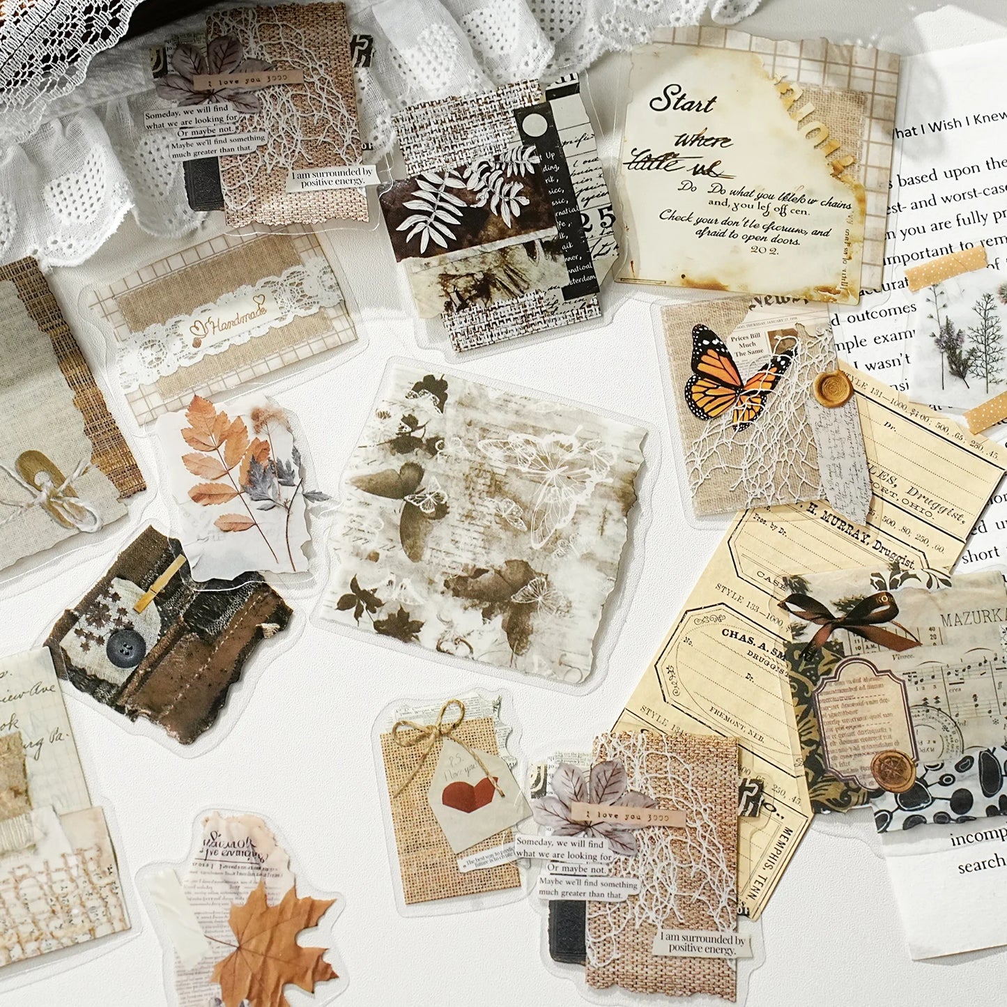 Etori Life Fragment Ensemble Series 15PCs Retro Literary Collage Pet Stickers Old Newspaper Lace Plant Dead Wood Gas Mark Fabric Journal Decoration Material Used for Laptop, Mobile Phone Stickers, Office Decoration Accessories, Handmade Scrapbooking