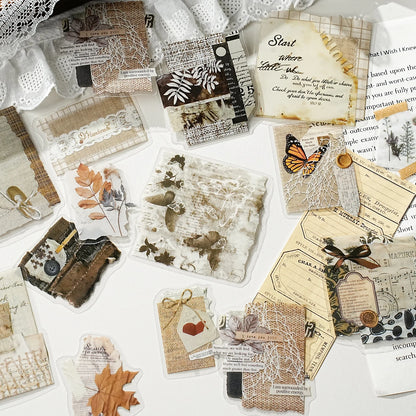 Etori Life Fragment Ensemble Series 15PCs Retro Literary Collage Pet Stickers Old Newspaper Lace Plant Dead Wood Gas Mark Fabric Journal Decoration Material Used for Laptop, Mobile Phone Stickers, Office Decoration Accessories, Handmade Scrapbooking