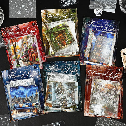 15PCs Moment Streamer Series Vintage Raindrop Matching City Landscape Pattern Sticker Package DIY Decoration, Handmade Scrapbooking, Children Paper Gift Bag, Wall Stickers, Home Decoration, Student Stationery, Multi-Purpose Decoration