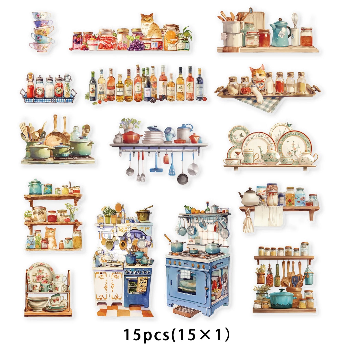 Etori Life 15pcs Vintage Kitchen Cooking Stickers Pack for Scrapbooking, DIY Journals, Stationery Decals, Kids Gift Bags, Handmade Crafts