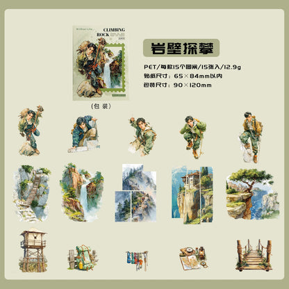 Etori Life 15PCs Adventure Journey Series Retro Mountain Stream Adventure Figures Pattern Pet Sticker Pack for Laptop, Mobile Phone Sticker, Photo Album, Luggage, Room Decoration, Paper Gift Bag, Scrapbook Supplies, Thin Seal, Outdoor Travel