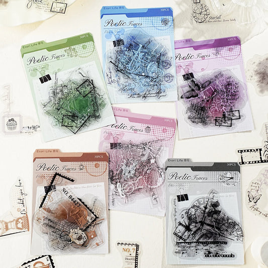 Etori Life Poem Ink Mark Series 30PCs Vintage Watercolor Collage Pet Paster Flower Lace Old Newspaper Clock Journal Decoration Material for Laptop, Mobile Phone Stickers, Luggage, Office Decoration Accessories, DIY Crafts, Pencil Box