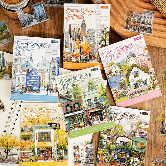 Etori Life Town Time Series Vintage Town Architectural Pattern Sticker Package DIY Collage Decoration, Handmade Scraps, Travel Stickers, Gift Box Packaging, Paper Gift Bag, Photo Album, Retro Party, Student Stationery, Children's Stickers