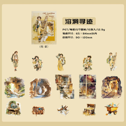 Etori Life 15PCs Adventure Journey Series Retro Mountain Stream Adventure Figures Pattern Pet Sticker Pack for Laptop, Mobile Phone Sticker, Photo Album, Luggage, Room Decoration, Paper Gift Bag, Scrapbook Supplies, Thin Seal, Outdoor Travel