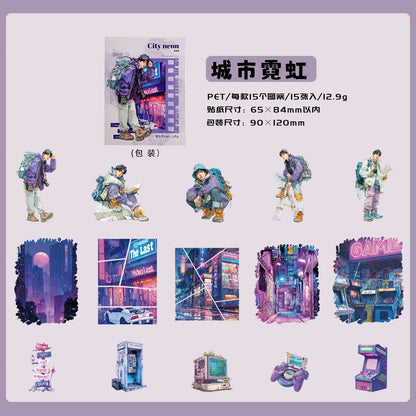 Etori Life 15PCs Adventure Journey Series Retro Mountain Stream Adventure Figures Pattern Pet Sticker Pack for Laptop, Mobile Phone Sticker, Photo Album, Luggage, Room Decoration, Paper Gift Bag, Scrapbook Supplies, Thin Seal, Outdoor Travel
