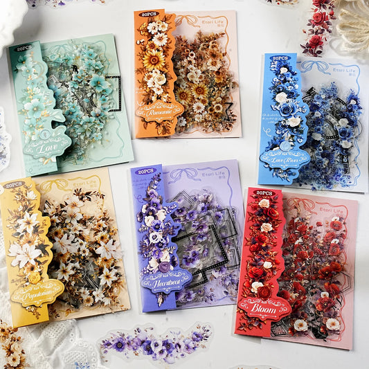Etori Life Huayang Daily Series Multicolor Flower Cluster Journal Stickers 20PCs Retro Journal Decoration Small Pattern for Laptop, Mobile Phone Stickers, Luggage, Office Decoration Accessories, Handmade Scrapbooking Supplies, Vintage Party