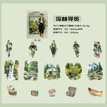 Etori Life 15PCs Adventure Journey Series Retro Mountain Stream Adventure Figures Pattern Pet Sticker Pack for Laptop, Mobile Phone Sticker, Photo Album, Luggage, Room Decoration, Paper Gift Bag, Scrapbook Supplies, Thin Seal, Outdoor Travel