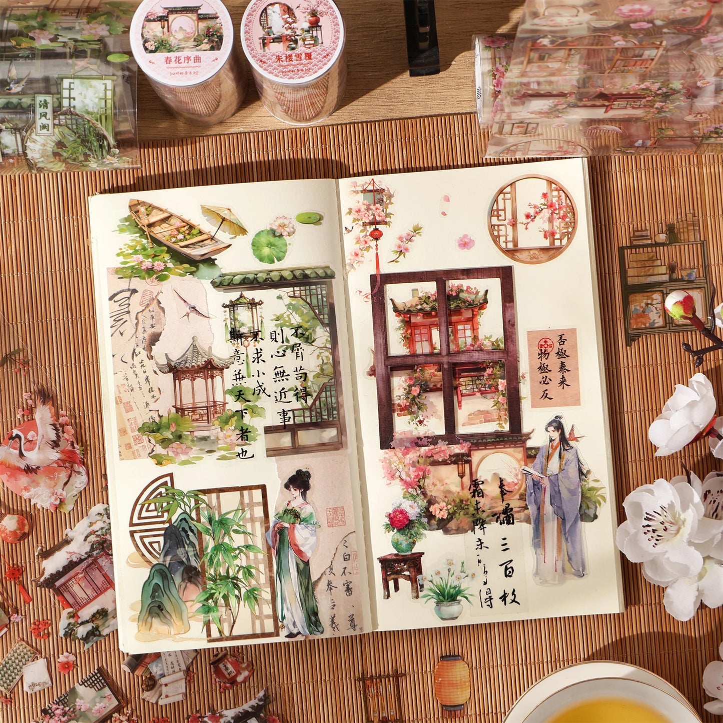 Etori Life 10cm * 2M Four-Hour Good Scenery Combination Ancient Style Window Cover Floral Tape Gentle Four Seasons Courtyard Journal Decorative Stickers for Children Paper Gift Bag, Laptop, Mobile Phone Stickers, Room Decoration