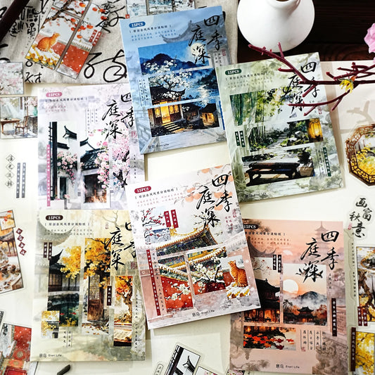 Etori Life Four Seasons Deep Series 15PCs/Bag National Style Four Seasons Courtyard Stickers Ink Painting Watercolor Antique Scene Journal Decorative Stickers for Children Paper Gift Bag, Notebook, Mobile Phone Stickers, Luggage, DIY Crafts