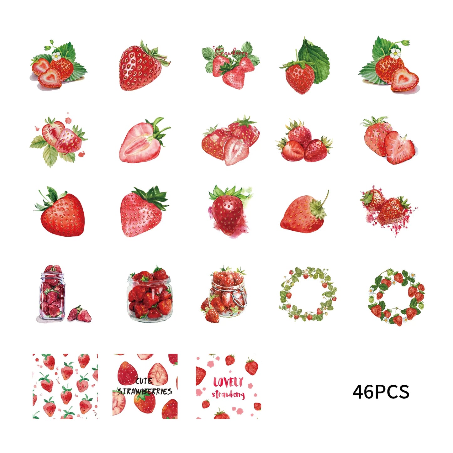 46pcs Strawberry Pattern Small Fresh Creative Stickers for DIY Notebook, Water Bottle, Luggage, Back To School Season Stickers