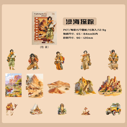 Etori Life 15PCs Adventure Journey Series Retro Mountain Stream Adventure Figures Pattern Pet Sticker Pack for Laptop, Mobile Phone Sticker, Photo Album, Luggage, Room Decoration, Paper Gift Bag, Scrapbook Supplies, Thin Seal, Outdoor Travel