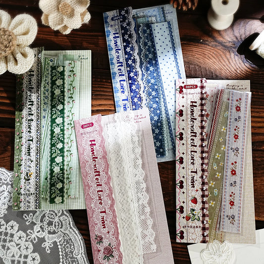 Etori Life Handmade Lace Series 30PCs/Bag Vintage Lace Lace Trim Sticker Pastoral Floral Literary Hand Account Collage Decorative Strip for Children Paper Gift Bag, Notebook, Luggage, Handmade Scrapbooking Supplies, Thin Seal, DIY Stickers