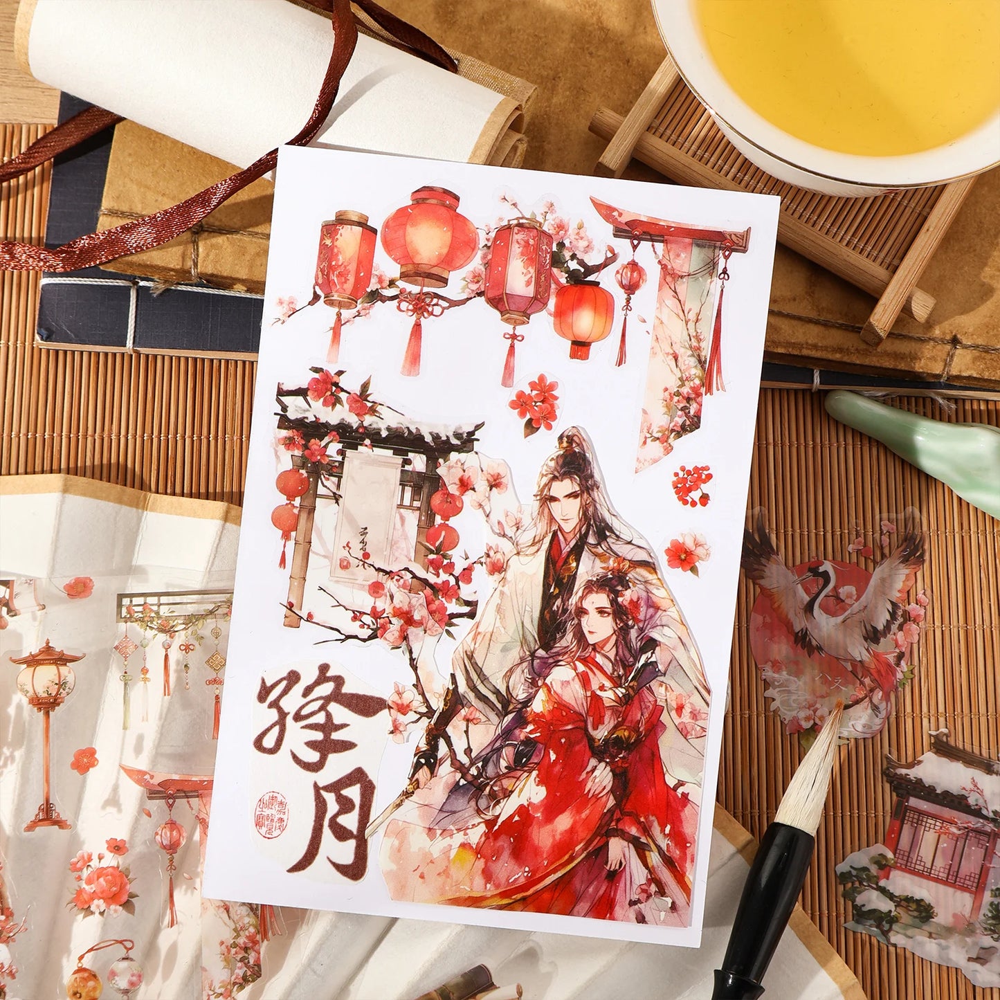 Etori Life 10cm * 2M Four-Hour Good Scenery Combination Ancient Style Window Cover Floral Tape Gentle Four Seasons Courtyard Journal Decorative Stickers for Children Paper Gift Bag, Laptop, Mobile Phone Stickers, Room Decoration