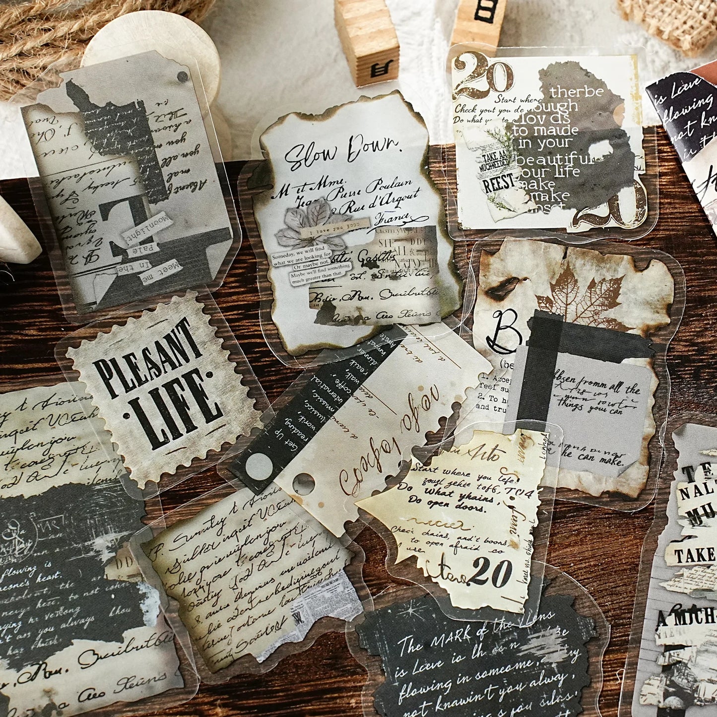 Etori Life Fragment Ensemble Series 15PCs Retro Literary Collage Pet Stickers Old Newspaper Lace Plant Dead Wood Gas Mark Fabric Journal Decoration Material Used for Laptop, Mobile Phone Stickers, Office Decoration Accessories, Handmade Scrapbooking