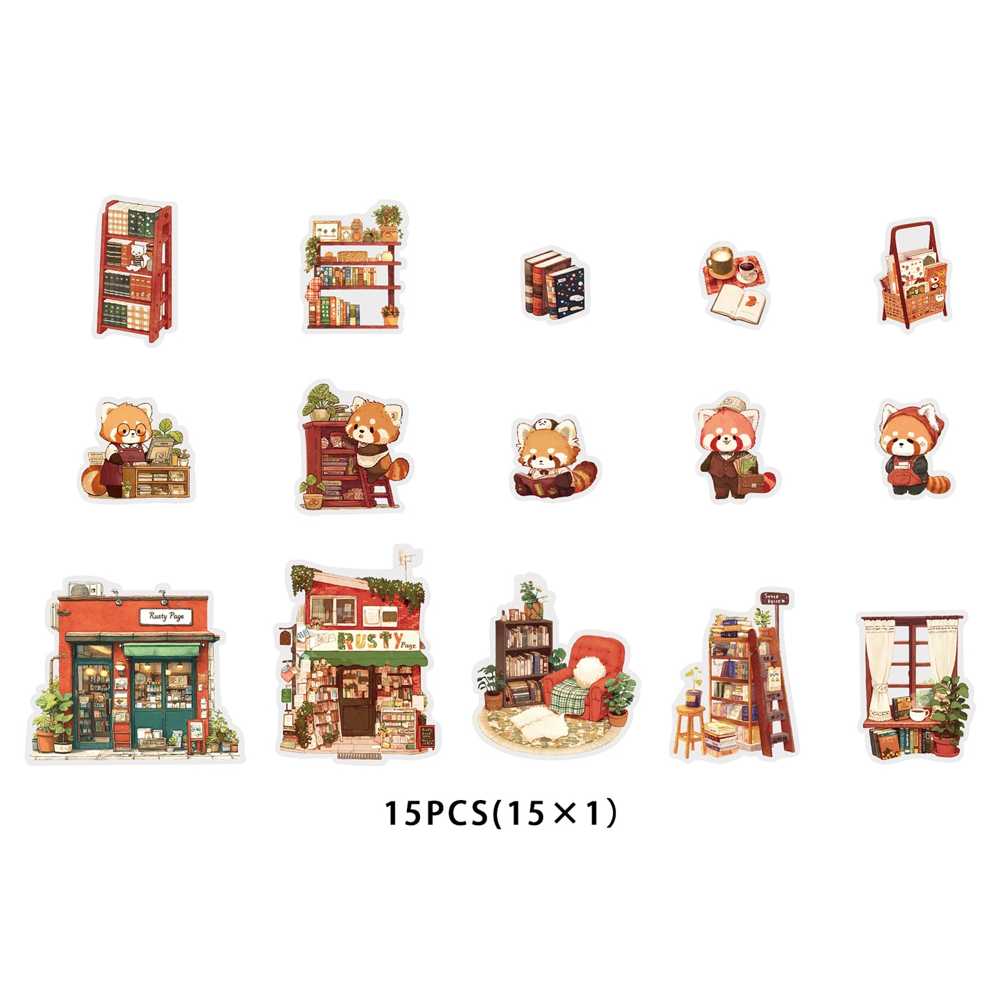 Etori Life 15PCs Cute Red Lesser Panda Matching Books Art Aesthetic Pattern Pet Sticker Pack for Laptop, Luggage, Diary, Photo Album, Handmade Scrapbooking Supplies, Office Decoration Accessories, Envelopes and Paper Gift Bag, Birthday Party Gifts