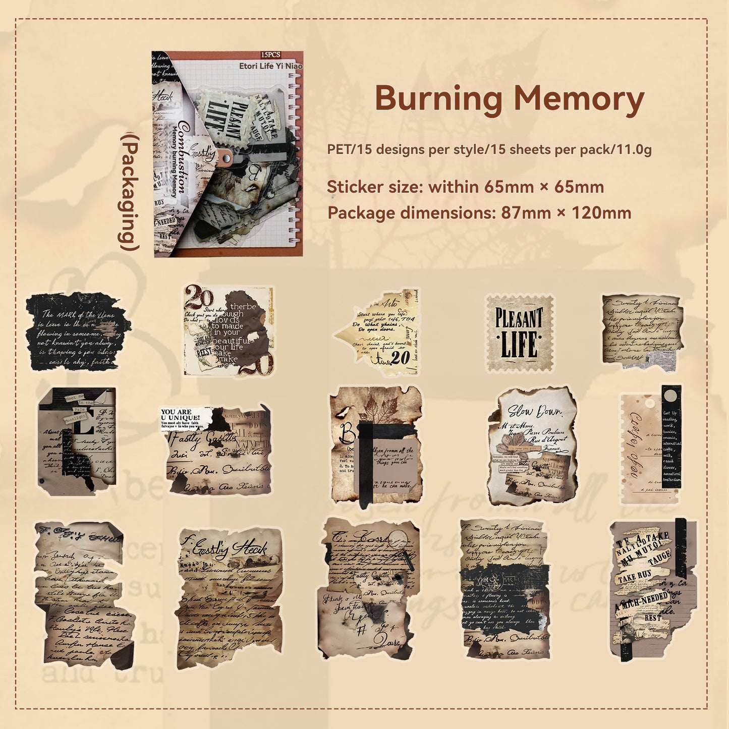 Etori Life Fragment Ensemble Series 15PCs Retro Literary Collage Pet Stickers Old Newspaper Lace Plant Dead Wood Gas Mark Fabric Journal Decoration Material Used for Laptop, Mobile Phone Stickers, Office Decoration Accessories, Handmade Scrapbooking