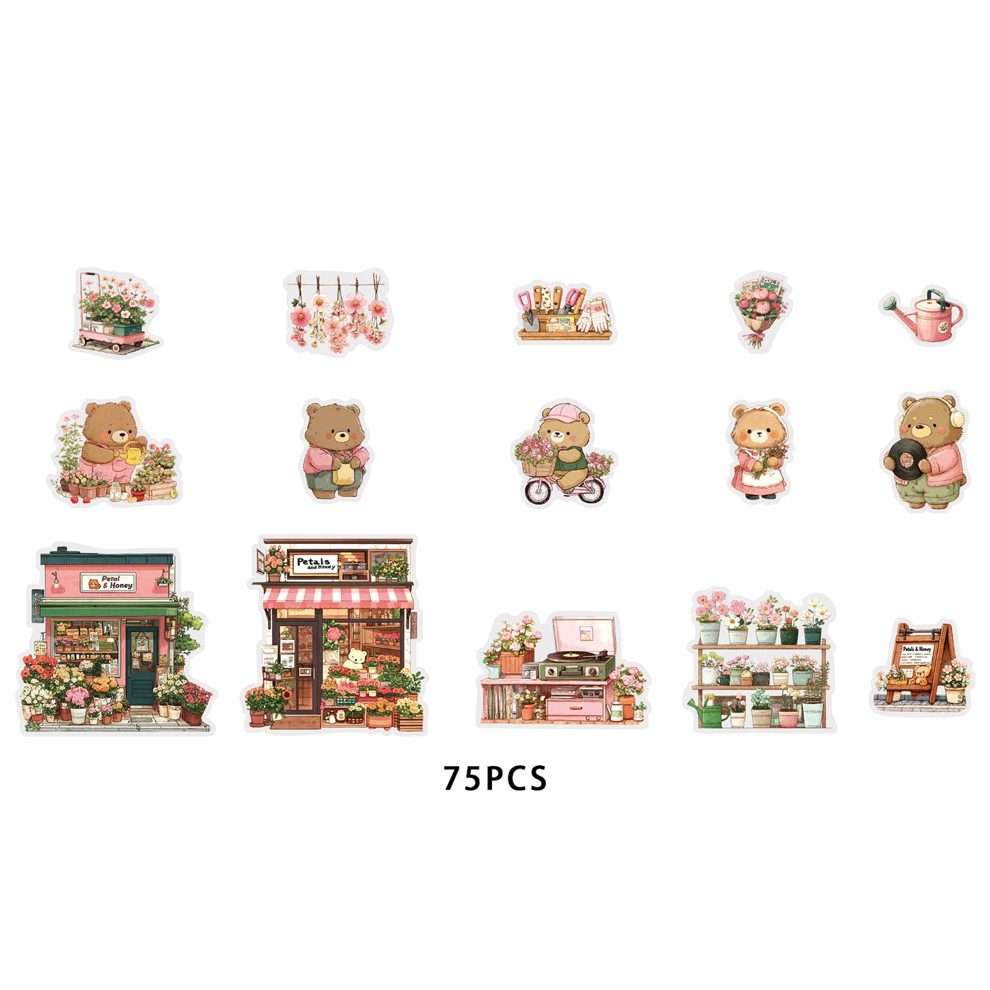 Etori Life 15PCs Cute Bear Matching Flower Small Shop City Building Pattern Pet Stickers Suitable for Laptop, Guitar, Diary, Helmet, Bicycle, Handmade Scrapbooking Supplies, Birthday and Holiday Gift, DIY Making, Office Decoration Accessories