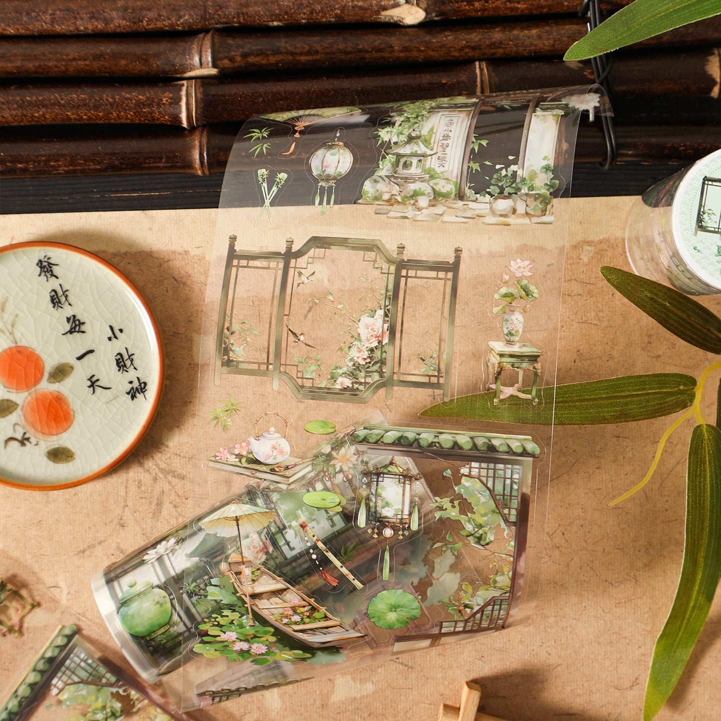 Etori Life National Style Summer Xiaohe and Paper Adhesive Tape New Chinese Lotus Bamboo Notebook Landscaping Material 1 Roll 2 M Suitable for Art Paper Gift Bag, Laptop, Guitar, Photo Album, Luggage, Room Decoration, Handmade Scrapbooking Supplies