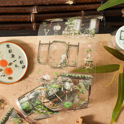 Etori Life National Style Summer Xiaohe and Paper Adhesive Tape New Chinese Lotus Bamboo Notebook Landscaping Material 1 Roll 2 M Suitable for Art Paper Gift Bag, Laptop, Guitar, Photo Album, Luggage, Room Decoration, Handmade Scrapbooking Supplies