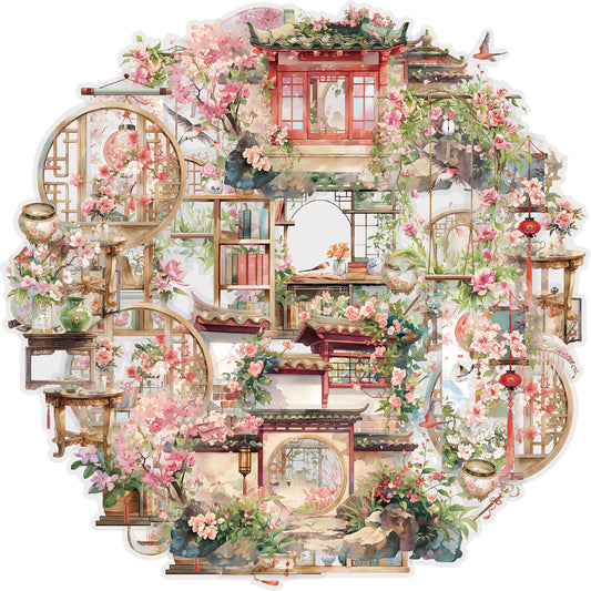 Etori Life Antique Landscape and Paper Adhesive Tape Spring Flower Overture New Chinese Flower Notebook Collage 1 Roll 2 M Suitable for Laptop, Luggage, Photo Album, Guitar, Water Bottle, Handmade Scrapbooking Supplies, Office Decoration Accessories