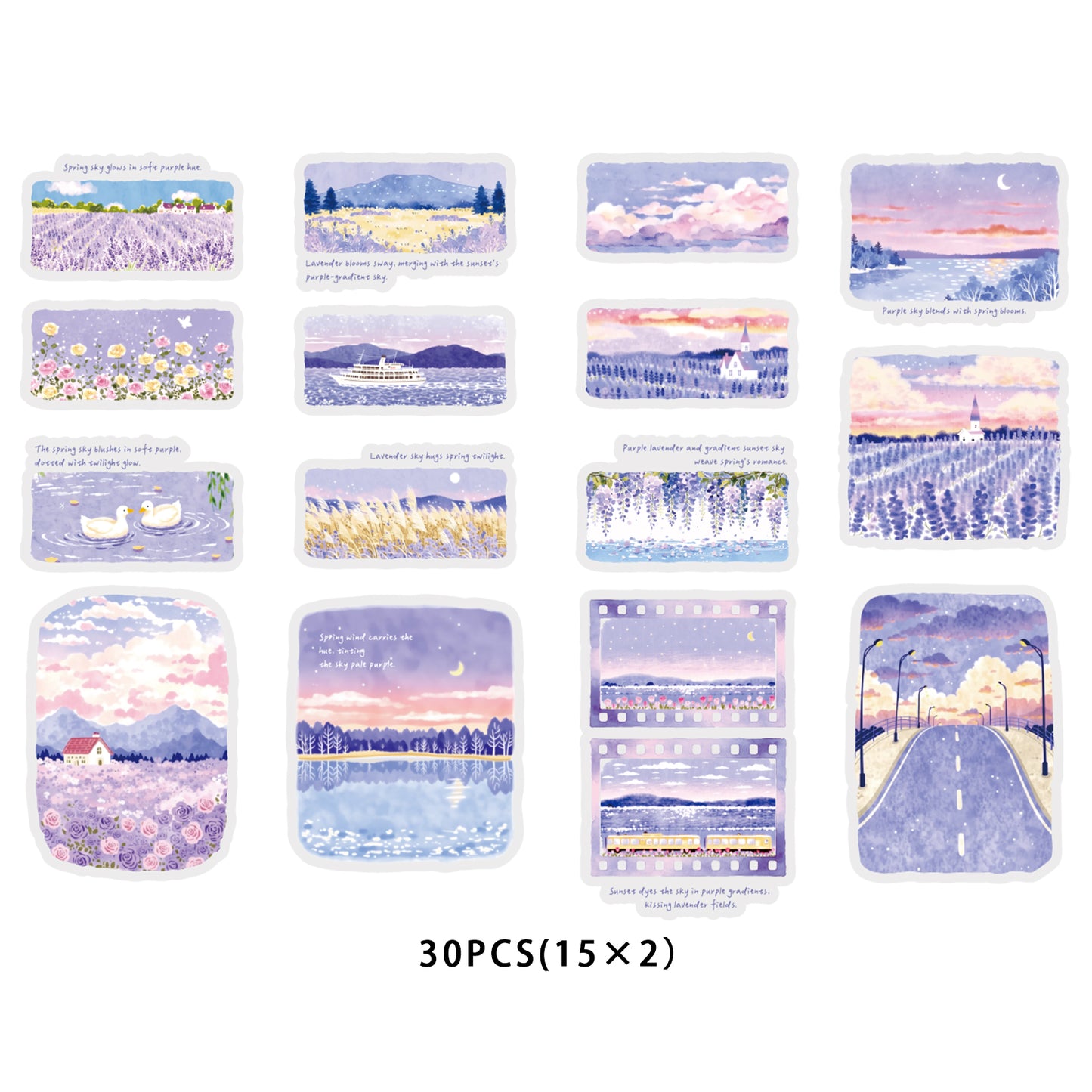 Etori Life 30PCs Purple Lavender Landscape Hand Ledger Sticker Dream Healing Series DIY Decorative Stickers Suitable for Laptop, Luggage, Water Bottle, Guitar, Photo Album, Handmade Scrapbooking Supplies, Room Decoration, Office Decoration Accessories
