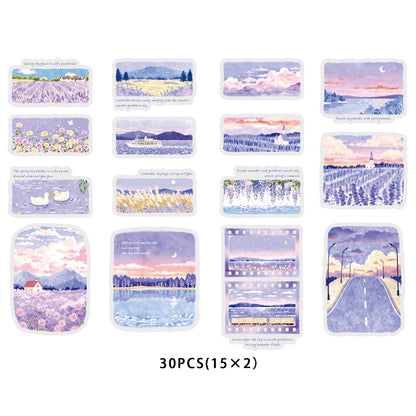 Etori Life 30PCs Purple Lavender Landscape Hand Ledger Sticker Dream Healing Series DIY Decorative Stickers Suitable for Laptop, Luggage, Water Bottle, Guitar, Photo Album, Handmade Scrapbooking Supplies, Room Decoration, Office Decoration Accessories