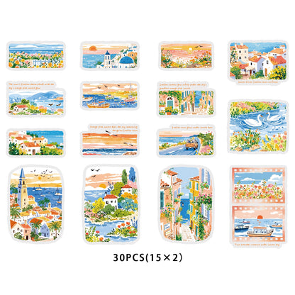 Etori Life Fresh Seaside Travel Stickers 30PCs Town Scenery Notebook Collage Landscaping Material Suitable for Luggage, Laptop, Guitar, Skateboard, Refrigerator, Room Decoration, Handmade Scrapbooking Supplies, DIY Production, Office Decoration