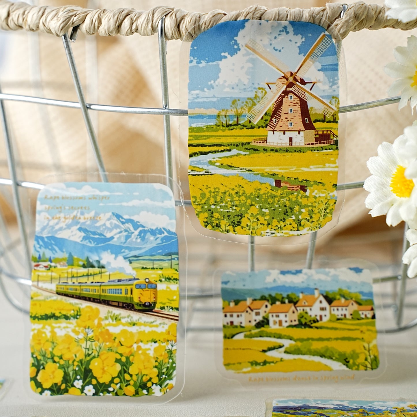 Etori Life 30PCs Spring Rape Flower Pastoral Stickers Landscape Notebook Collage Landscaping Material Suitable for DIY Production, Laptop, Skateboard, Luggage, Guitar, Photo Album, Handmade Scrapbooking Supplies, Room Decoration, Birthday and Holiday