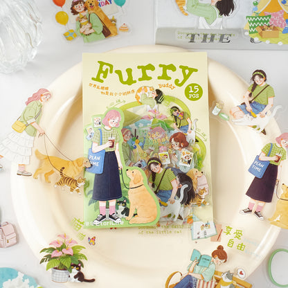 Etori Life 15PCs Outdoor Walking Pet Sofa Suction MiiOW Object Sticker Album Journal Book Stationery Decoration Accessories Suitable for Laptop, Mobile Phone Back, Handbag, Album, Diary, Pencil Box, Pen Holder, Family Plan Thin, Notepad