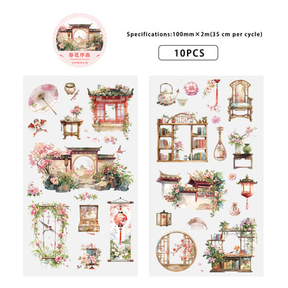 Etori Life Antique Landscape and Paper Adhesive Tape Spring Flower Overture New Chinese Flower Notebook Collage 1 Roll 2 M Suitable for Laptop, Luggage, Photo Album, Guitar, Water Bottle, Handmade Scrapbooking Supplies, Office Decoration Accessories