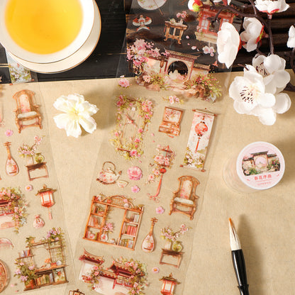 Etori Life Antique Landscape and Paper Adhesive Tape Spring Flower Overture New Chinese Flower Notebook Collage 1 Roll 2 M Suitable for Laptop, Luggage, Photo Album, Guitar, Water Bottle, Handmade Scrapbooking Supplies, Office Decoration Accessories