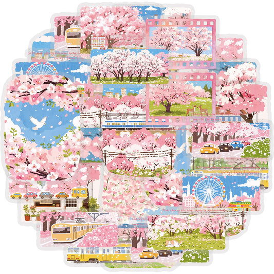 Etori Life 30PCs Healing Series Spring Cherry Blossom Stickers Japanese City Landscape Journal Decorative Source Material Suitable for Laptop, Luggage, Water Bottle, Photo Album, Skateboard, Office Decoration Accessories, Handmade Scrapbooking Supplies