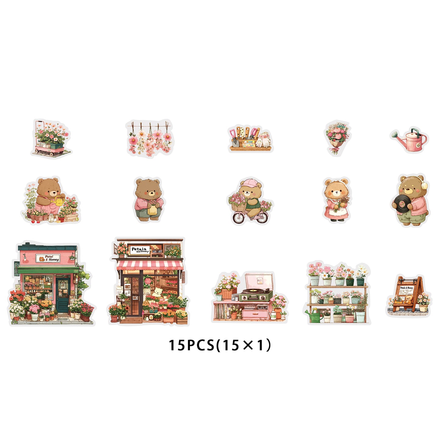 Etori Life 15PCs Cute Bear Matching Flower Small Shop City Building Pattern Pet Stickers Suitable for Laptop, Guitar, Diary, Helmet, Bicycle, Handmade Scrapbooking Supplies, Birthday and Holiday Gift, DIY Making, Office Decoration Accessories