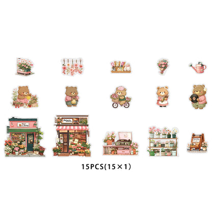 Etori Life 15PCs Cute Bear Matching Flower Small Shop City Building Pattern Pet Stickers Suitable for Laptop, Guitar, Diary, Helmet, Bicycle, Handmade Scrapbooking Supplies, Birthday and Holiday Gift, DIY Making, Office Decoration Accessories
