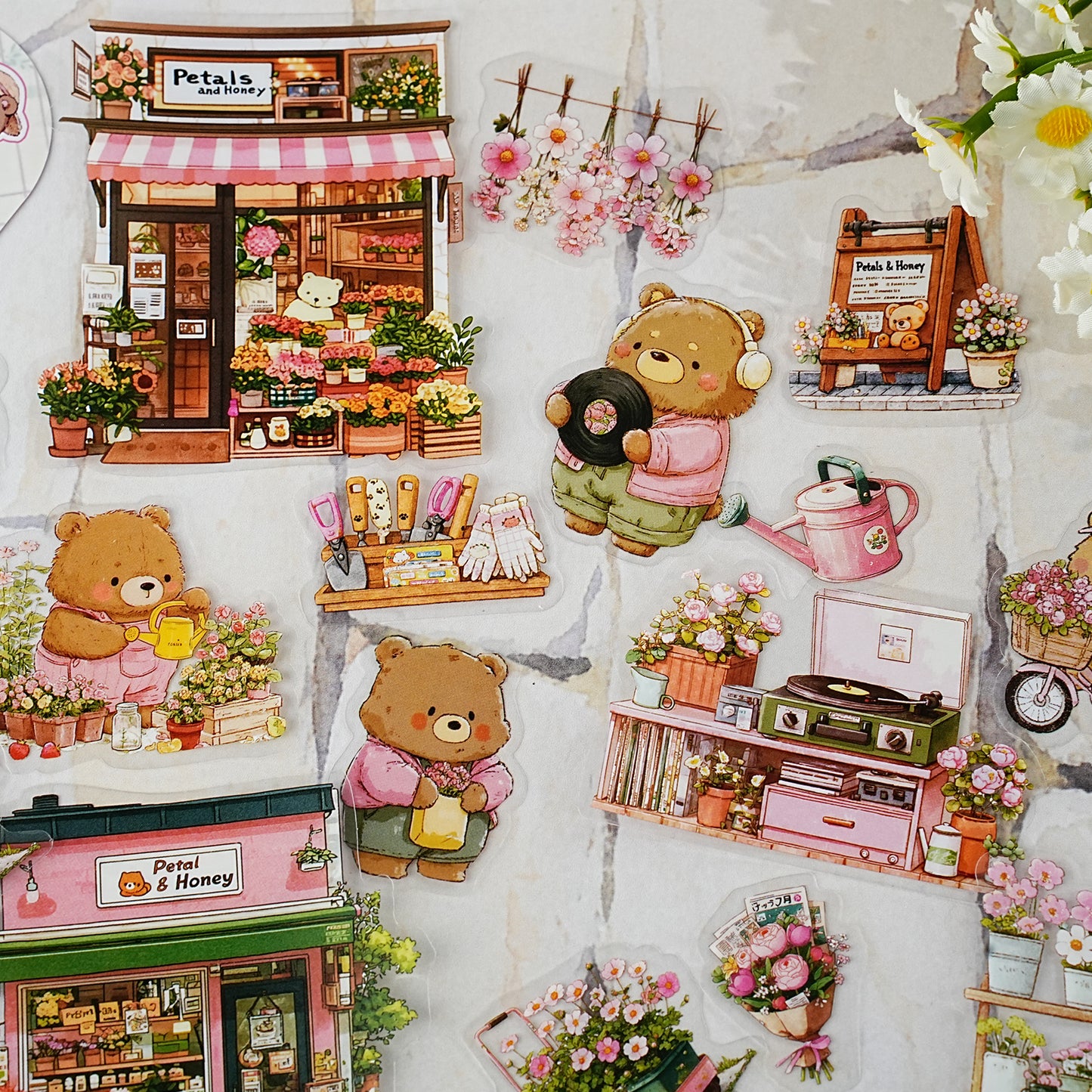 Etori Life 15PCs Cute Bear Matching Flower Small Shop City Building Pattern Pet Stickers Suitable for Laptop, Guitar, Diary, Helmet, Bicycle, Handmade Scrapbooking Supplies, Birthday and Holiday Gift, DIY Making, Office Decoration Accessories